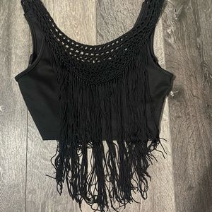 Black western fringe crop top